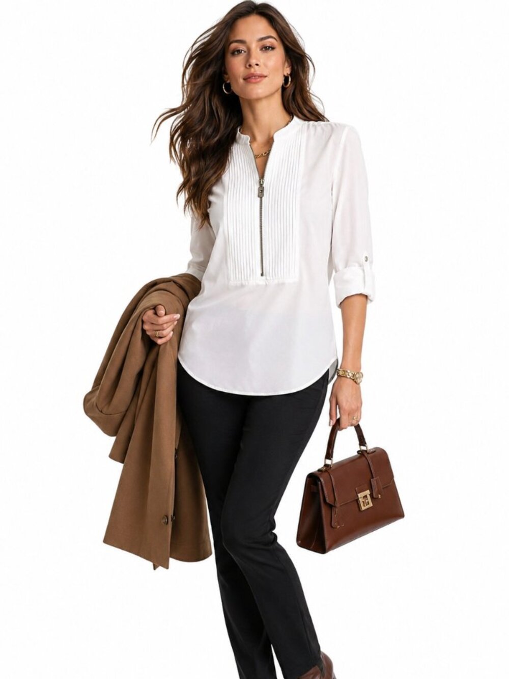 MICHAEL Michael Kors White Tuxedo Pintuck Zip Blouse S Roll Tab Quiet Luxury